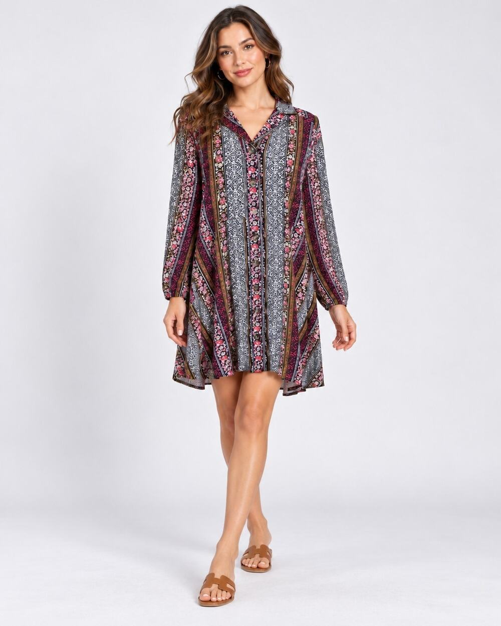 Natural Life Ansley Boho Purple Pink Floral Stripe Tunic Shirt Dress New Medium